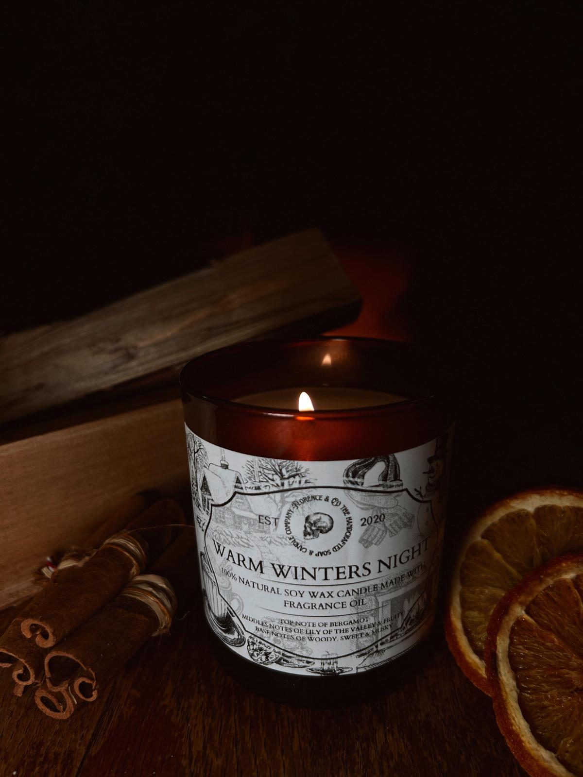 Warm Winter's Night Candle – Bergamot, Lily, and Woody Musk Scent